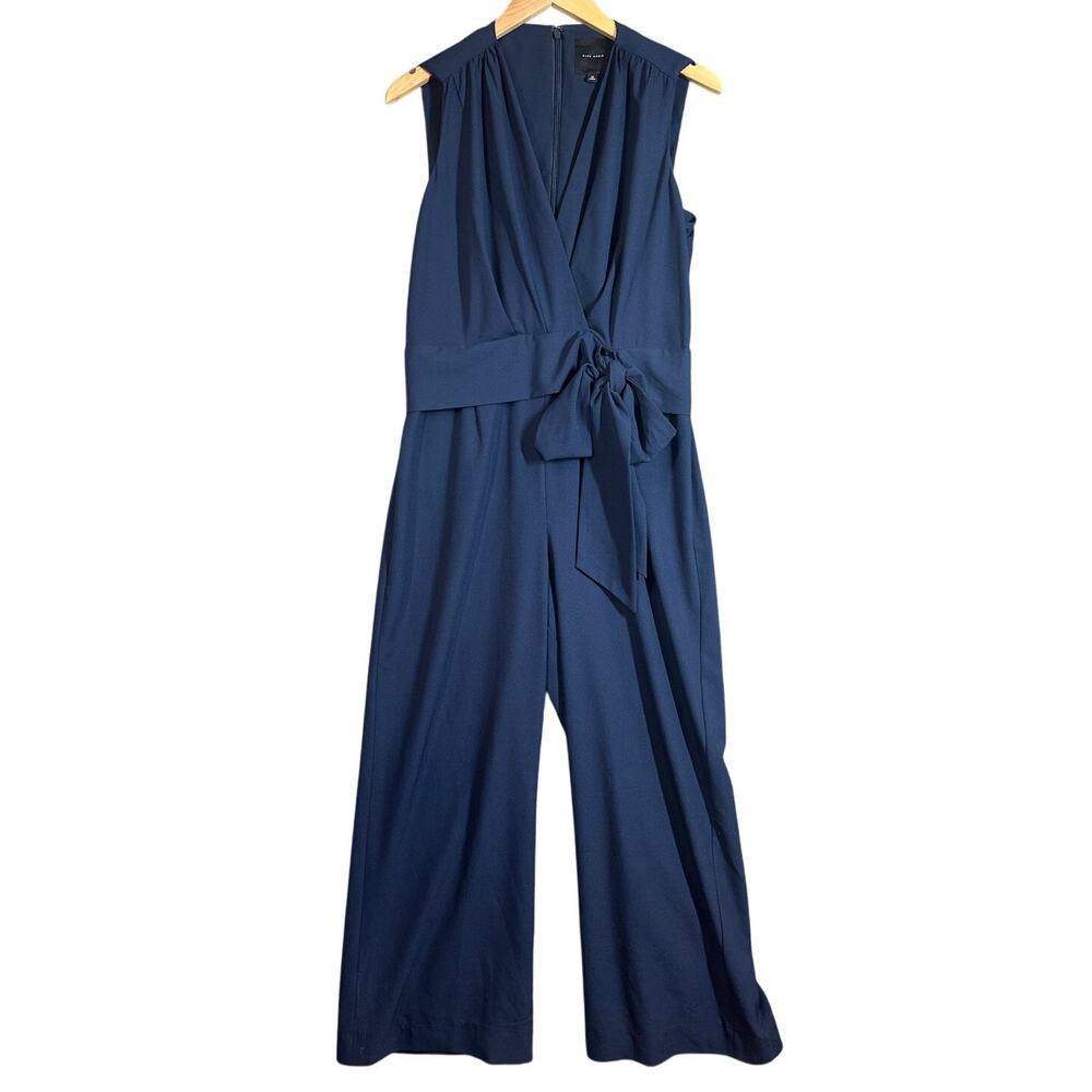 Alex Marie Navy Blue Jumpsuit Tie Waist Faux Wrap Wide Leg Sleeveless 12